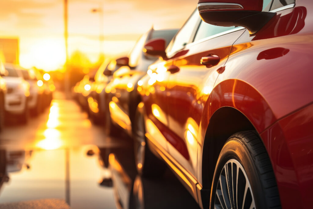 Cars stand in rows