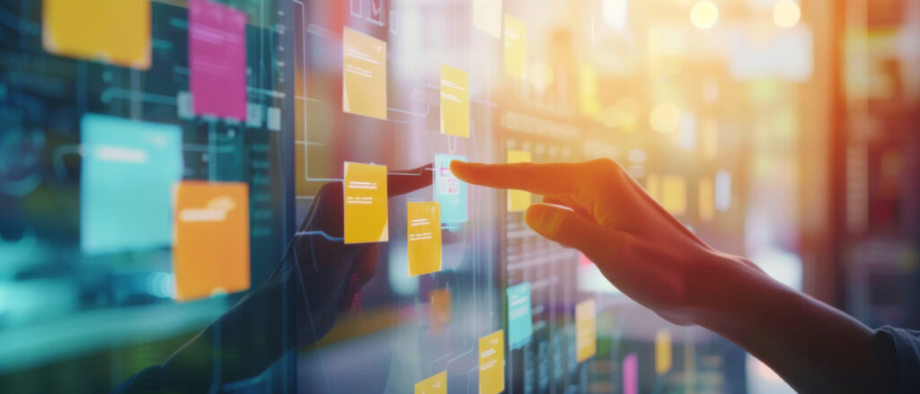 Hand interacting with a digital task board, organizing tasks in a vibrant display of workflow management